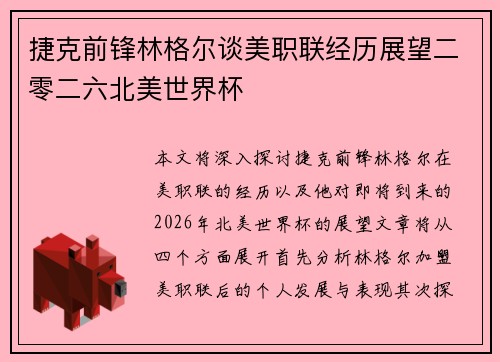 捷克前锋林格尔谈美职联经历展望二零二六北美世界杯 捷克前锋林格尔谈美职联经历展望二零二六北美世界杯