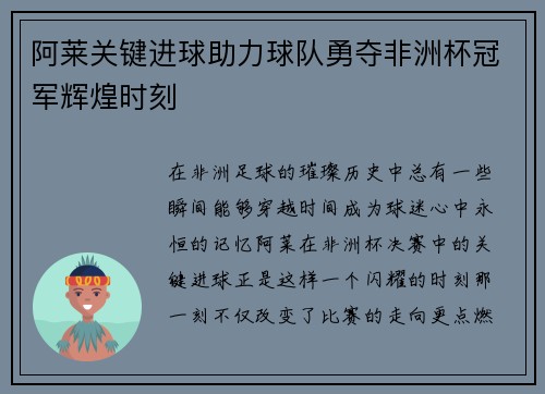 阿莱关键进球助力球队勇夺非洲杯冠军辉煌时刻 阿莱关键进球助力球队勇夺非洲杯冠军辉煌时刻