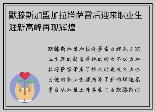 默滕斯加盟加拉塔萨雷后迎来职业生涯新高峰再现辉煌