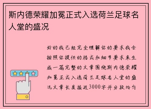 斯内德荣耀加冕正式入选荷兰足球名人堂的盛况
